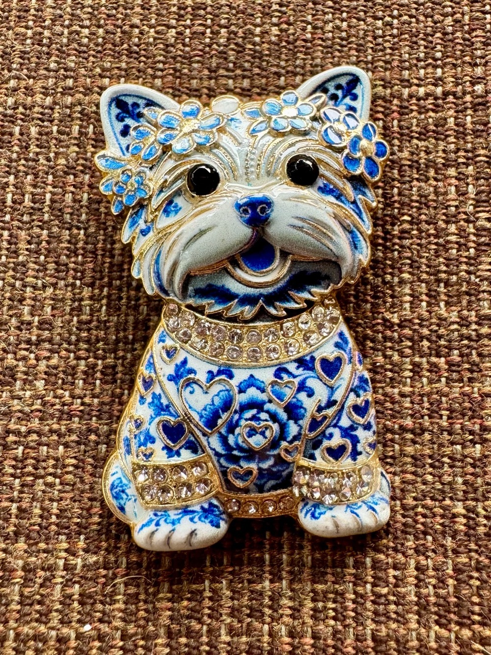 Decorative Blue & White Floral Westie Dog Figurine Brooch
